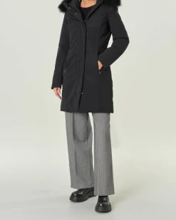 Cappotto nero imbottito Long Lady con profilo removibile in pelliccia lungo il cappuccio fisso
