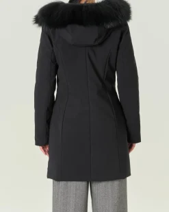Cappotto nero imbottito Long Lady con profilo removibile in pelliccia lungo il cappuccio fisso