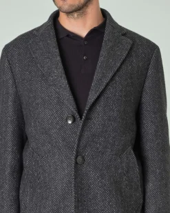 Cappotto Paul Baker grigio antracite in panno di misto lana spinata con davantino staccabile