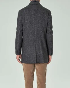 Cappotto Paul Baker grigio antracite in panno di misto lana spinata con davantino staccabile