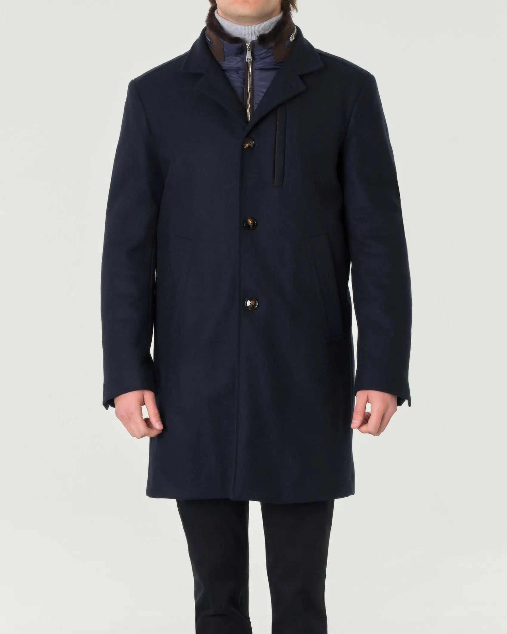 Cappotto Pellizzari blu in panno idrorepellente di misto lana e cashmere con pettorina rimovibile