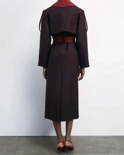 Cappotto rosso e bordeaux Patrizia Pepe in misto lana dalla linea a trench con cintura in vita