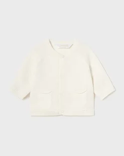 Cardigan avorio in puro cotone con maniche raglan e tasche applicate 4-12 mesi
