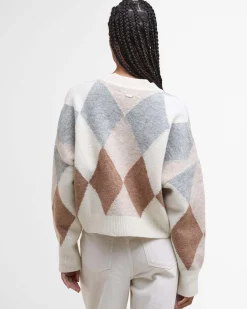 Cardigan bianco Barbour in misto lana a motivo a rombi grigi e cammello