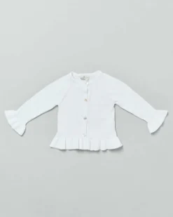 Cardigan bianco girocollo in puro cotone con balza e volant sulle maniche