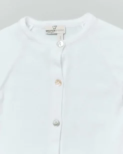 Cardigan bianco girocollo in puro cotone con balza e volant sulle maniche