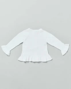 Cardigan bianco girocollo in puro cotone con balza e volant sulle maniche