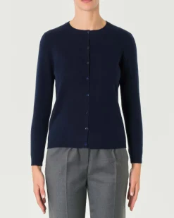 Cardigan blu girocollo in puro cashmere con chiusura a bottoni tono su tono