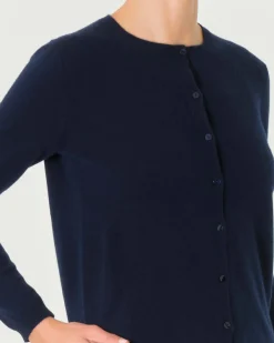 Cardigan blu girocollo in puro cashmere con chiusura a bottoni tono su tono