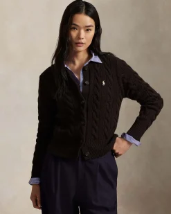 Cardigan color avorio Polo Ralph Lauren in lana e cashmere a trecce con scollo a giro e logo ricamato sul petto