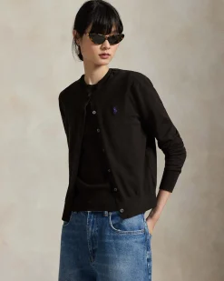 Cardigan color testa di moro Polo Ralph Lauren in cotone rasato con scollo a giro e logo ricamato a contrasto