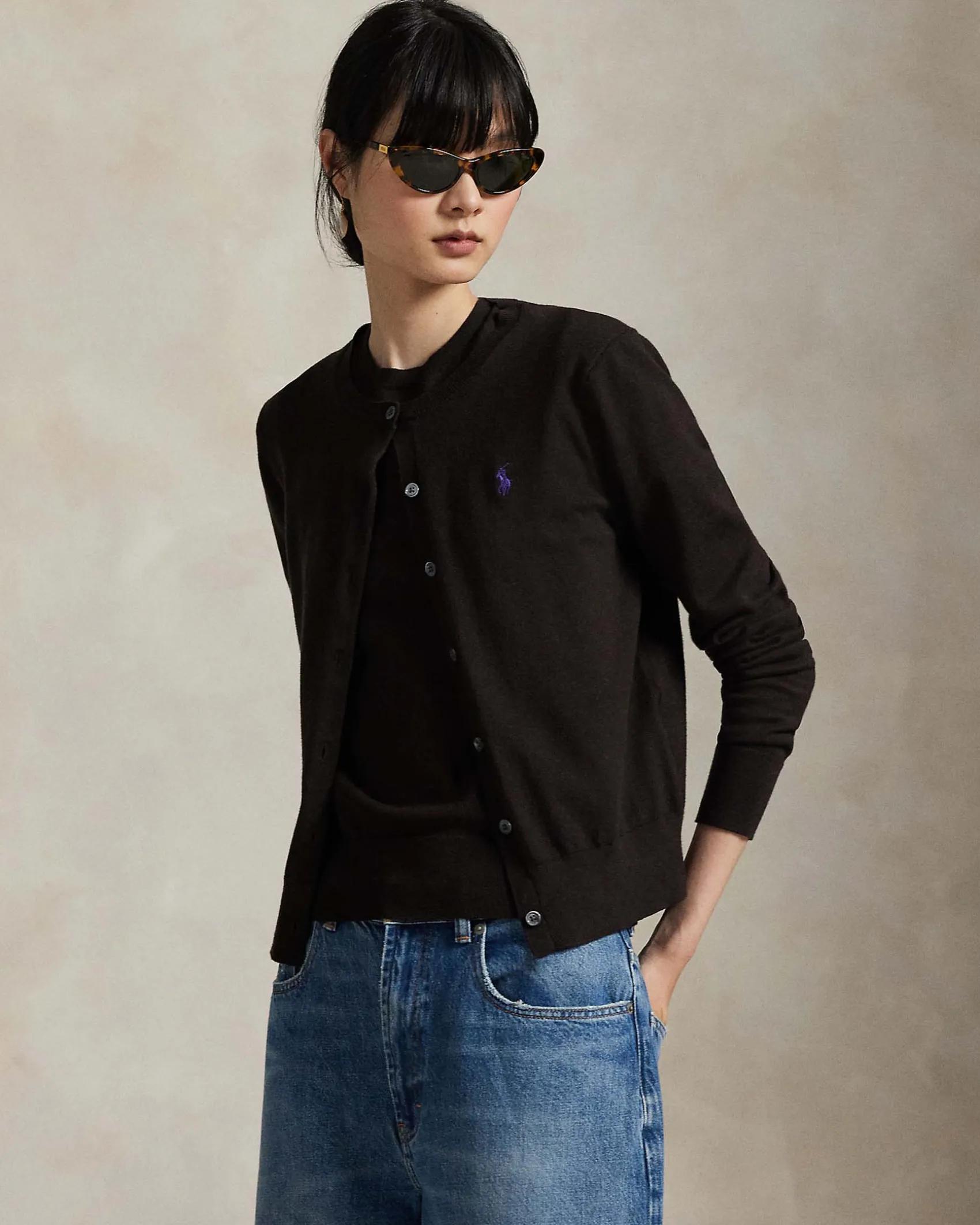 Cardigan color testa di moro Polo Ralph Lauren in cotone rasato con scollo a giro e logo ricamato a contrasto