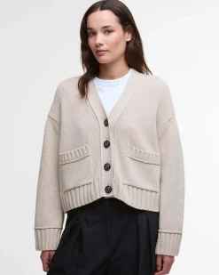 Cardigan cropped beige Barbour Faye in cotone e lana con scollo a V