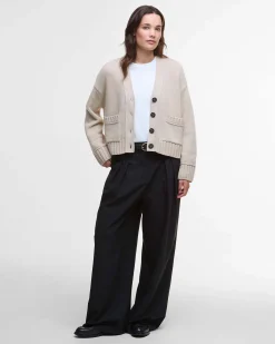 Cardigan cropped beige Barbour Faye in cotone e lana con scollo a V