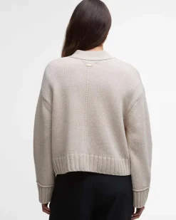 Cardigan cropped beige Barbour Faye in cotone e lana con scollo a V