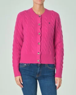 Cardigan fucsia in lana e cashmere lavorato a trecce con scollo a giro