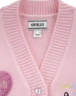 Cardigan Guess in misto viscosa rosa e bianco con patch