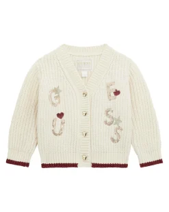 Cardigan Guess lavorato tricot panna con bottoni cuore e scritta logo