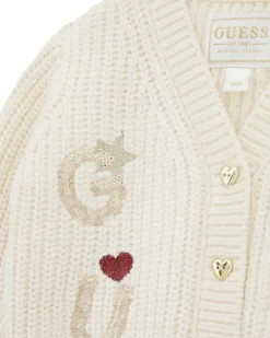 Cardigan Guess lavorato tricot panna con bottoni cuore e scritta logo
