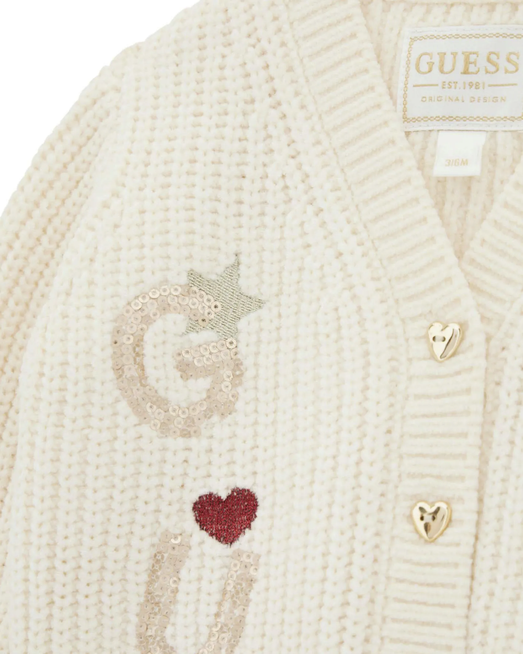 Cardigan Guess lavorato tricot panna con bottoni cuore e scritta logo