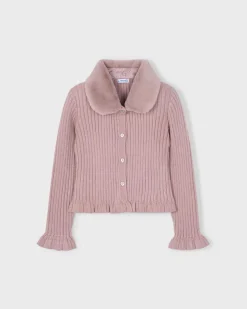 Cardigan Mayoral rosa antico in viscosa a coste con collo pelliccia