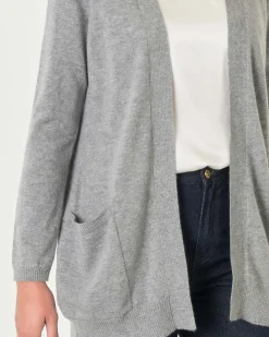 Cardigan midi grigio in puro cashmere senza bottoni di chiusura con tasche laterali