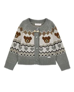 Cardigan Monnalisa grigio con orsetti e fantasie geometriche tricot
