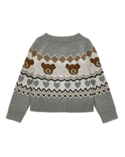 Cardigan Monnalisa grigio con orsetti e fantasie geometriche tricot
