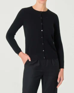Cardigan nero girocollo in puro cashmere con chiusura a bottoni tono su tono