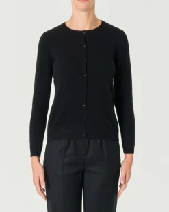 Cardigan nero girocollo in puro cashmere con chiusura a bottoni tono su tono