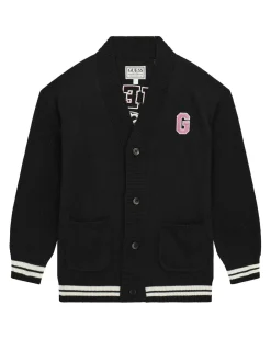 Cardigan nero Guess in misto lana con bordi bianchi e patch logo rosa