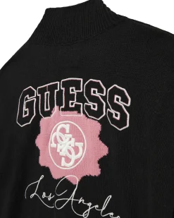 Cardigan nero Guess in misto lana con bordi bianchi e patch logo rosa