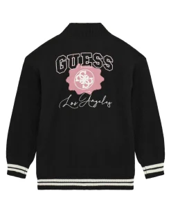 Cardigan nero Guess in misto lana con bordi bianchi e patch logo rosa