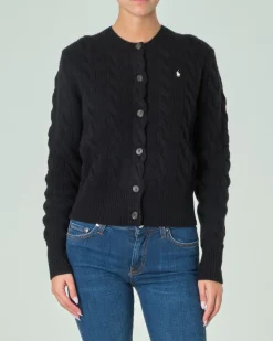 Cardigan nero in lana e cashmere lavorato a trecce con scollo a giro