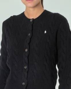 Cardigan nero in lana e cashmere lavorato a trecce con scollo a giro