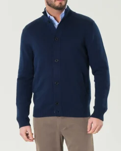 Cardigan Pellizzari blu in maglia finezza 7 di pura lana merino con tasche frontali e collo alto