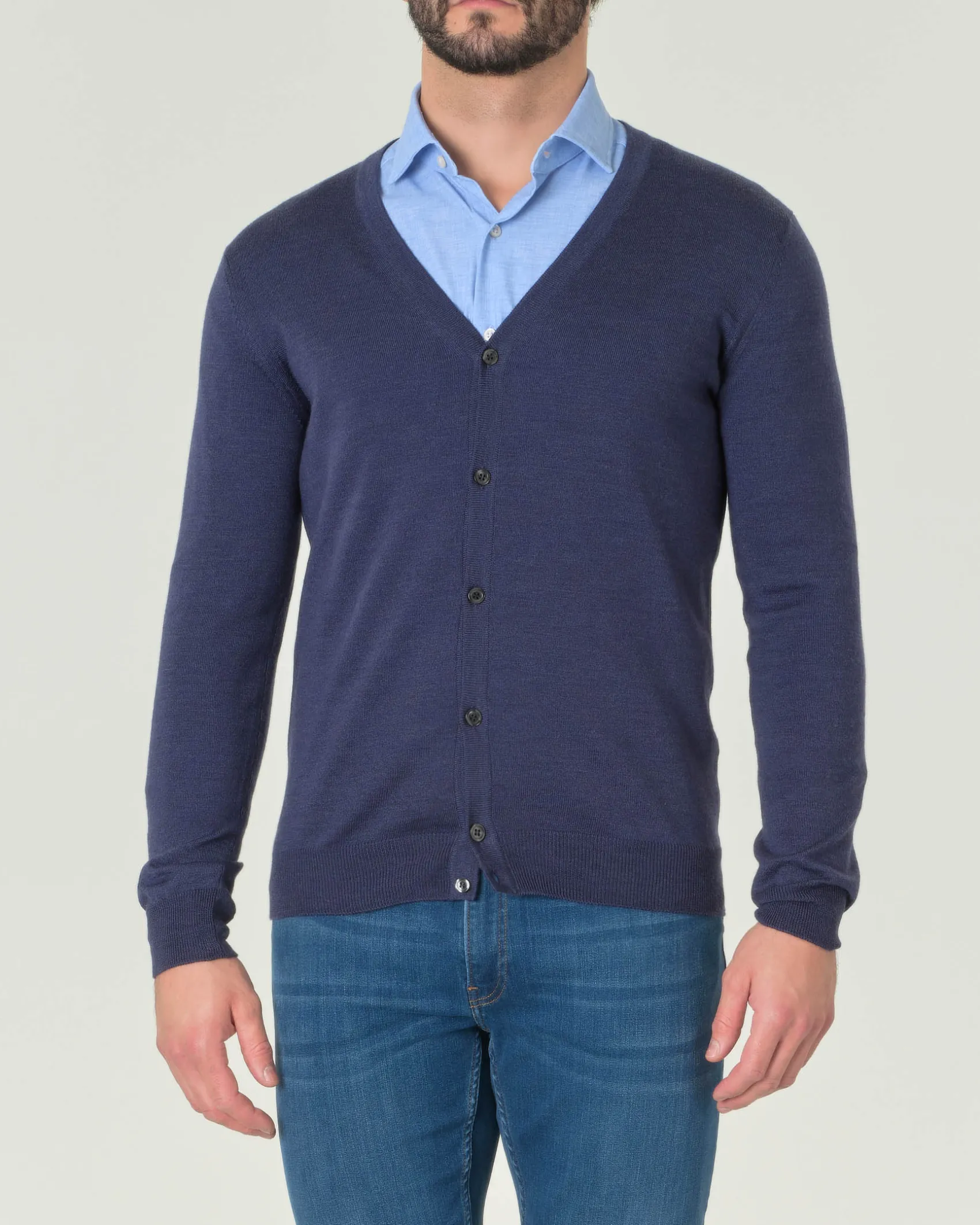 Cardigan Pellizzari blu melange in pura lana merino con chiusura a bottoni