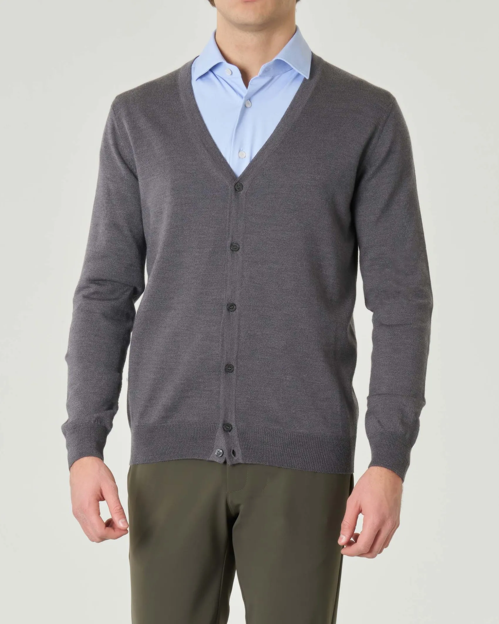 Cardigan Pellizzari grigio medio in pura lana merino con chiusura a bottoni