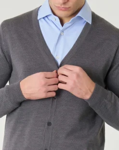 Cardigan Pellizzari grigio medio in pura lana merino con chiusura a bottoni