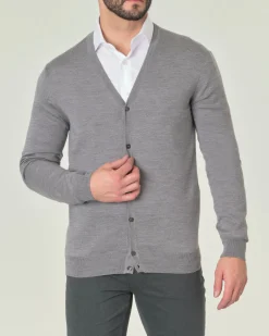 Cardigan Pellizzari grigio in pura lana merino con chiusura a bottoni