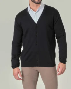 Cardigan Pellizzari nero in pura lana merino con chiusura a bottoni