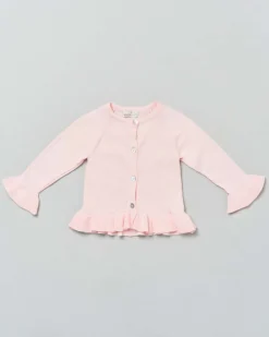 Cardigan rosa girocollo in puro cotone con balza e volant sulle maniche