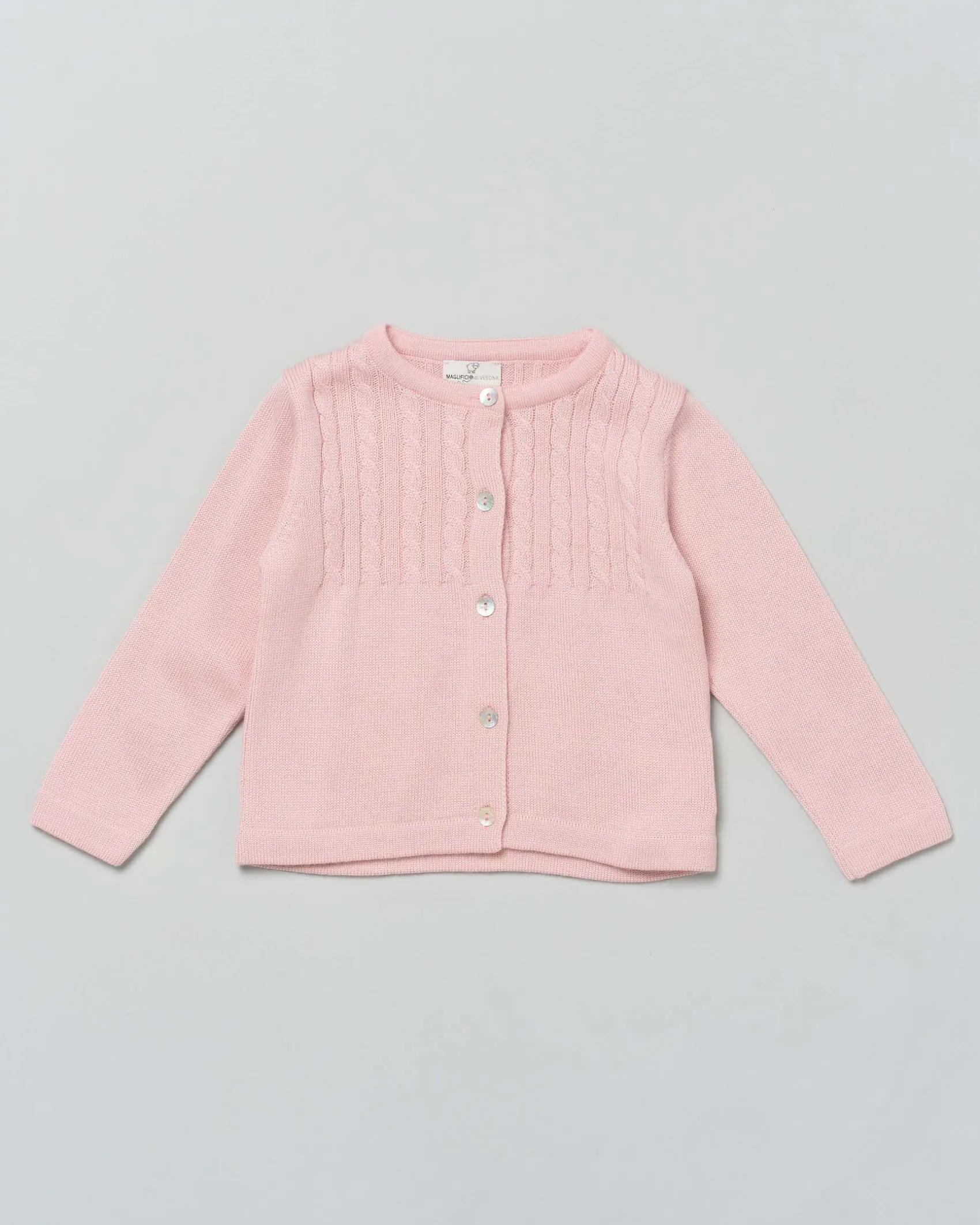Cardigan rosa in pura lana con inserto fronte e retro a trecce
