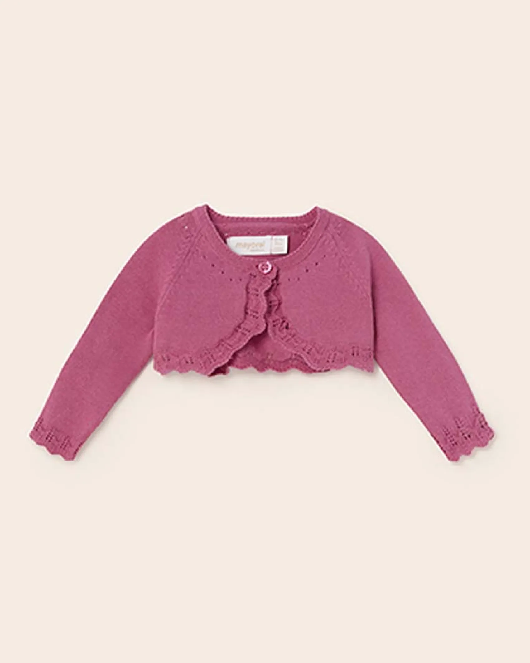 Cardigan stondato color ciclamino in puro cotone con orli in crochet