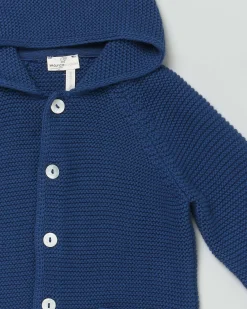Cardigan tricot blu in puro cotone con cappuccio
