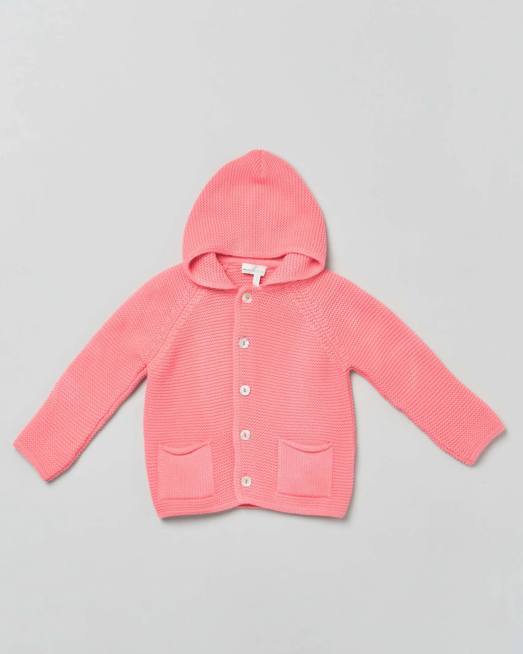 Cardigan tricot fucsia in puro cotone con cappuccio