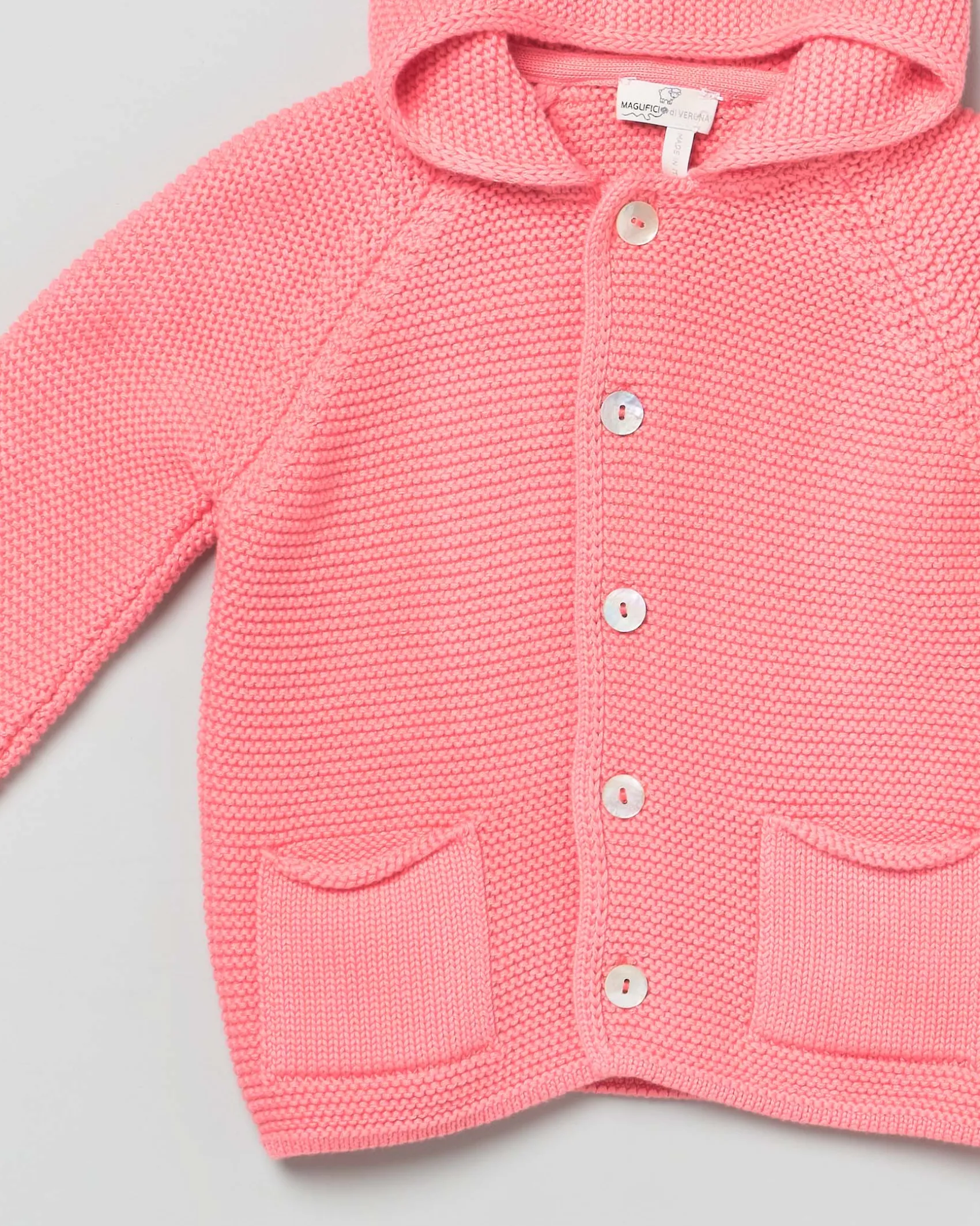 Cardigan tricot fucsia in puro cotone con cappuccio