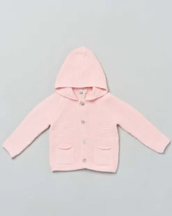 Cardigan tricot rosa in puro cotone con cappuccio