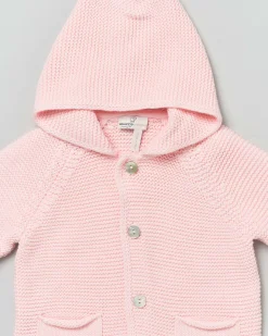 Cardigan tricot rosa in puro cotone con cappuccio