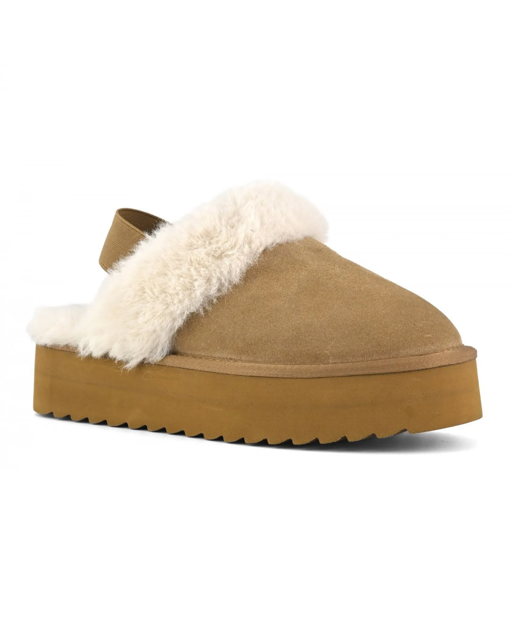 Ciabatta color cammello in pelle scamosciata con suola Platform e laccio elastico alla caviglia